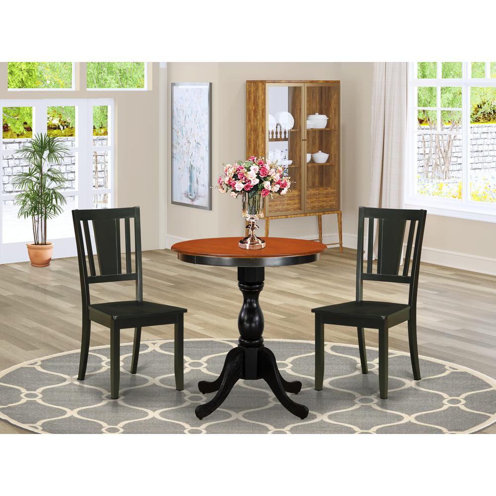 East West Furniture 3-Piece Mid Century Modern Dining Set Include a Wood Table and 2 Dining Chairs with Slatted Back - Black Finish. Picture 1