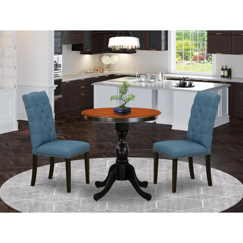 East West Furniture 3-Piece Dining Room Set Include a Round Table and 2 Blue Linen Fabric Parson Chairs with Button Tufted Back - Black Finish. Picture 1