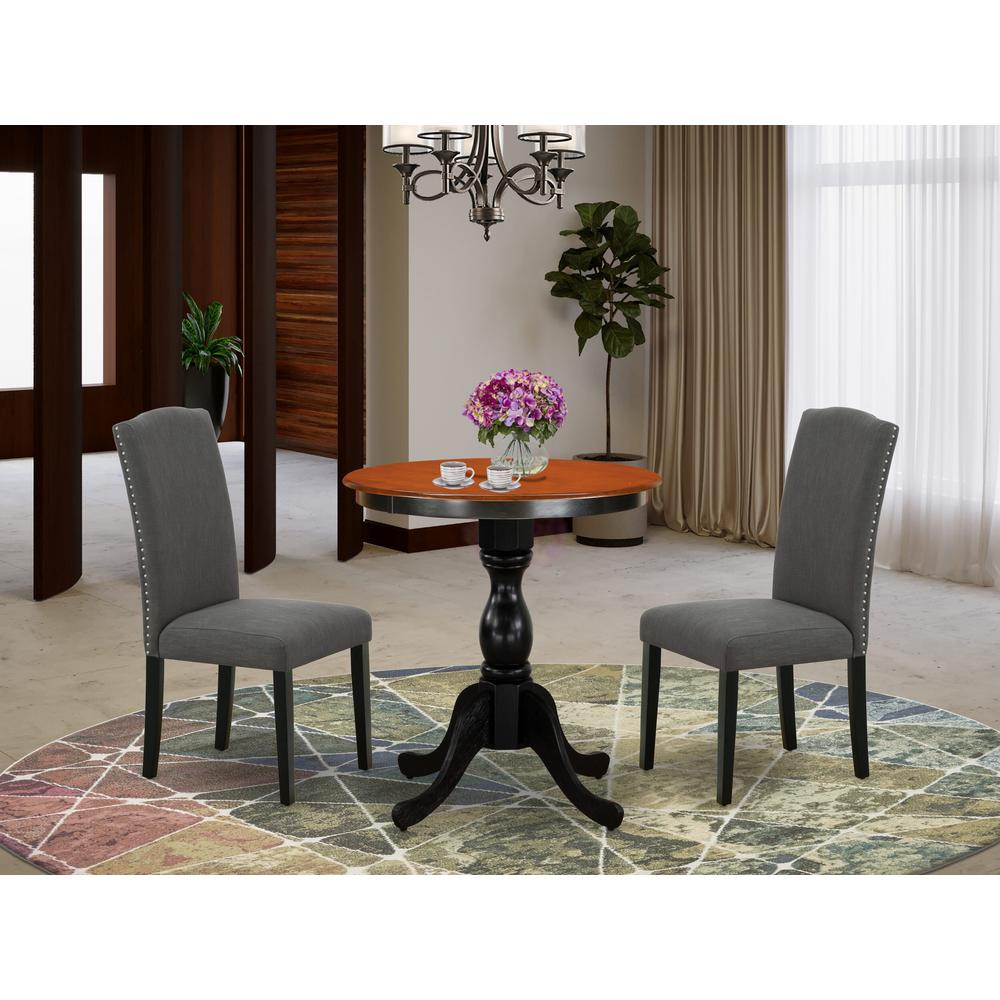 East West Furniture 3-Piece Modern Dining Set Consist of Dining Table and 2 Dark Gotham Grey Linen Fabric Parson Chairs with High Stylish Back - Black Finish. Picture 1