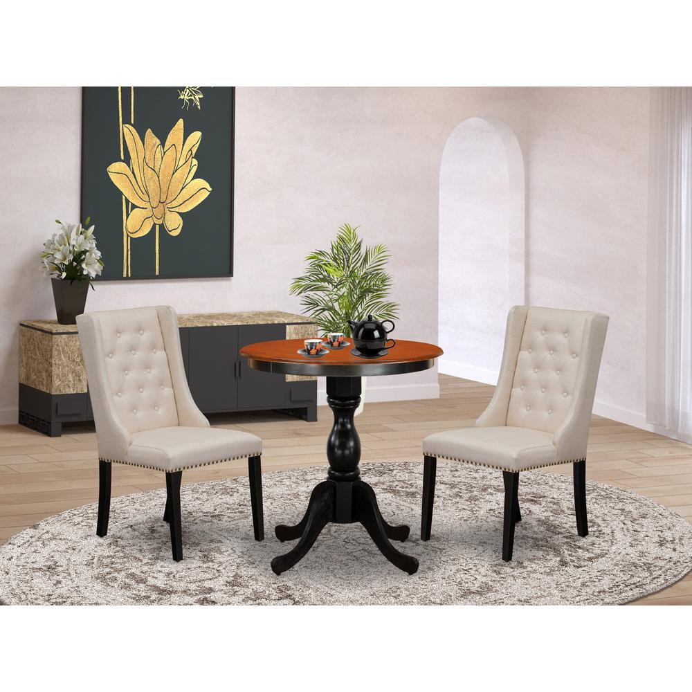 East West Furniture 3-Piece Mid Century Dining Set Consist of Dining Table and 2 Cream Linen Fabric Parson Chairs with Button Tufted Back - Black Finish. Picture 1