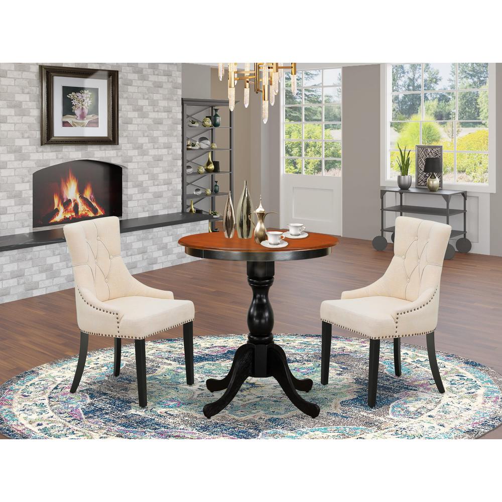East West Furniture 3-Piece Kitchen Dining Table Set Include a Mid Century Dining Table and 2 Light Beige Linen Fabric Dining Chairs with Button Tufted Back - Black Finish. Picture 1