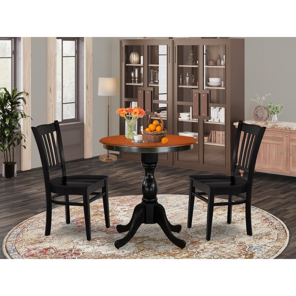 East West Furniture 3-Piece Dinner Table Set Consist of Mid Century Table and 2 Wooden Chairs with Slatted Back - Black Finish. Picture 2