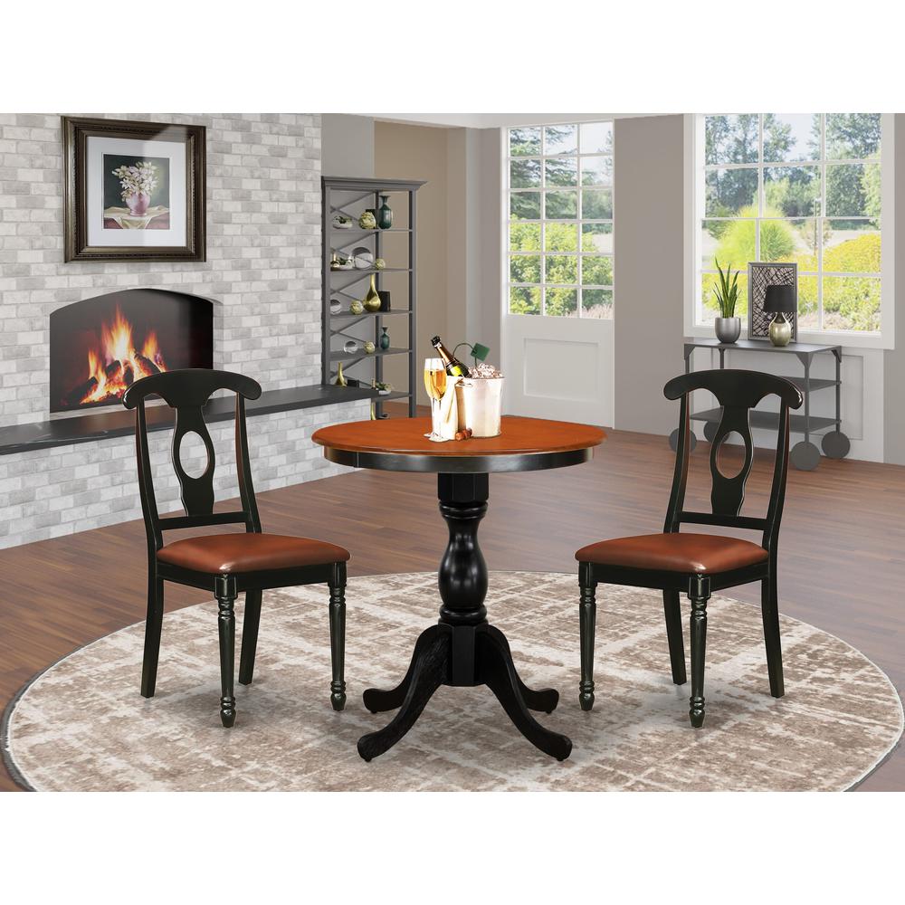 East West Furniture 3-Piece Table Set Contains a Dinner Table and 2 Faux Leather Kitchen Chairs with Napoleon Back - Black Finish. Picture 1