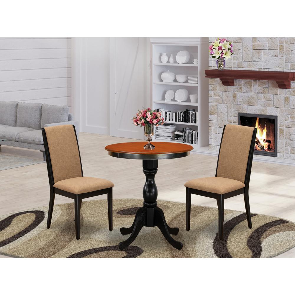 East West Furniture 3-Piece Dinner Table Set Include a Wood Table and 2 Light Sable Linen Fabric Padded Chairs with Stylish High Back - Black Finish. Picture 1
