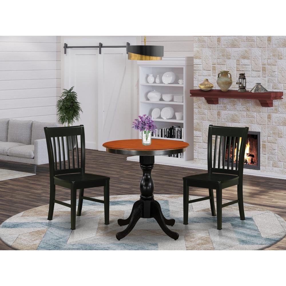 East West Furniture 3-Piece Kitchen Dining Table Set Include a Dinner Table and 2 Wood Chairs with Slatted Back - Black Finish. Picture 2