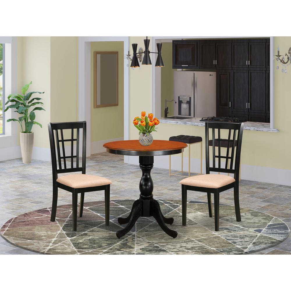 East West Furniture 3-Piece Dining Table Set Include a Modern Dining Table and 2 Linen Fabric Dining Room Chairs with Slatted Back- Black Finish. Picture 1