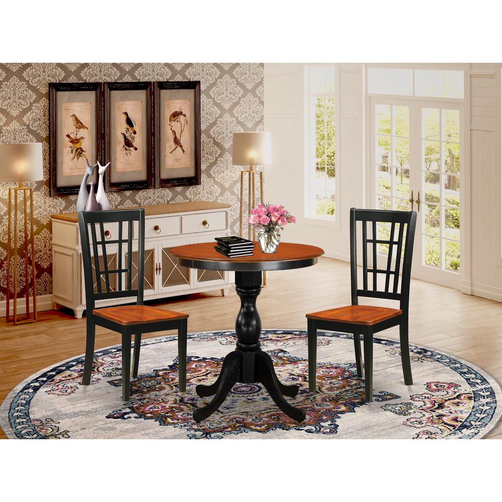 East West Furniture 3-Piece Dining Table Set Include a Round Dining Table and 2 Wooden Chairs with Slatted Back - Black Finish. Picture 1