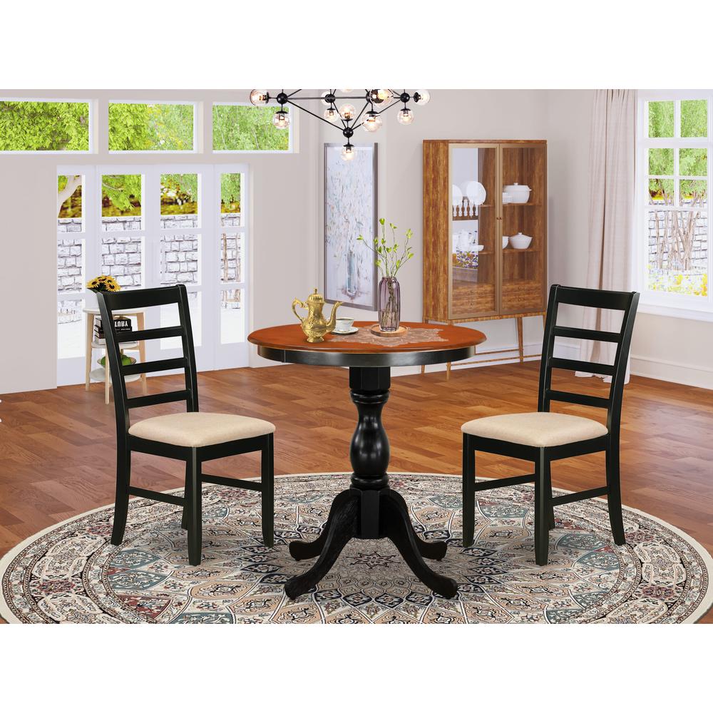 East West Furniture 3-Piece Dining Room Set Include a Wood Table and 2 Linen Fabric Kitchen Chairs with Ladder Back - Black Finish. Picture 1