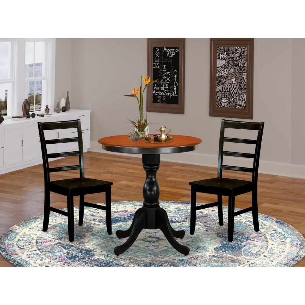 East West Furniture 3-Piece Mid Century Dining Set Contains a Dinner Table and 2 Mid Century Chairs with Ladder Back - Black Finish. Picture 1