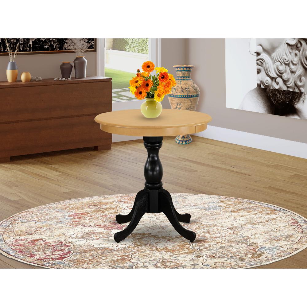 East West Furniture Eden 30" Round Dining Room Table for Compact Space - Oak Top & Black Pedestal. Picture 1