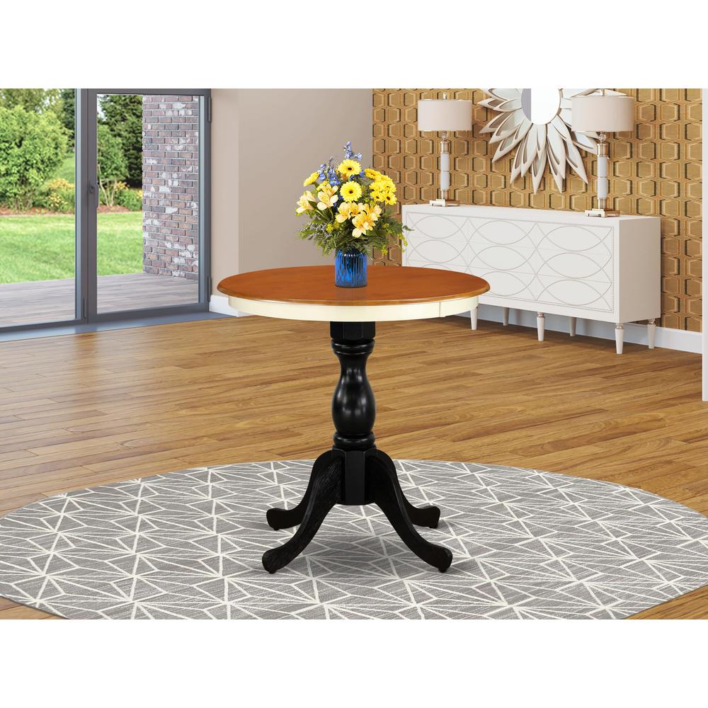 East West Furniture Eden 30" Round Kitchen Table for Small Space - Buttermilk Top & Black Pedestal. Picture 1