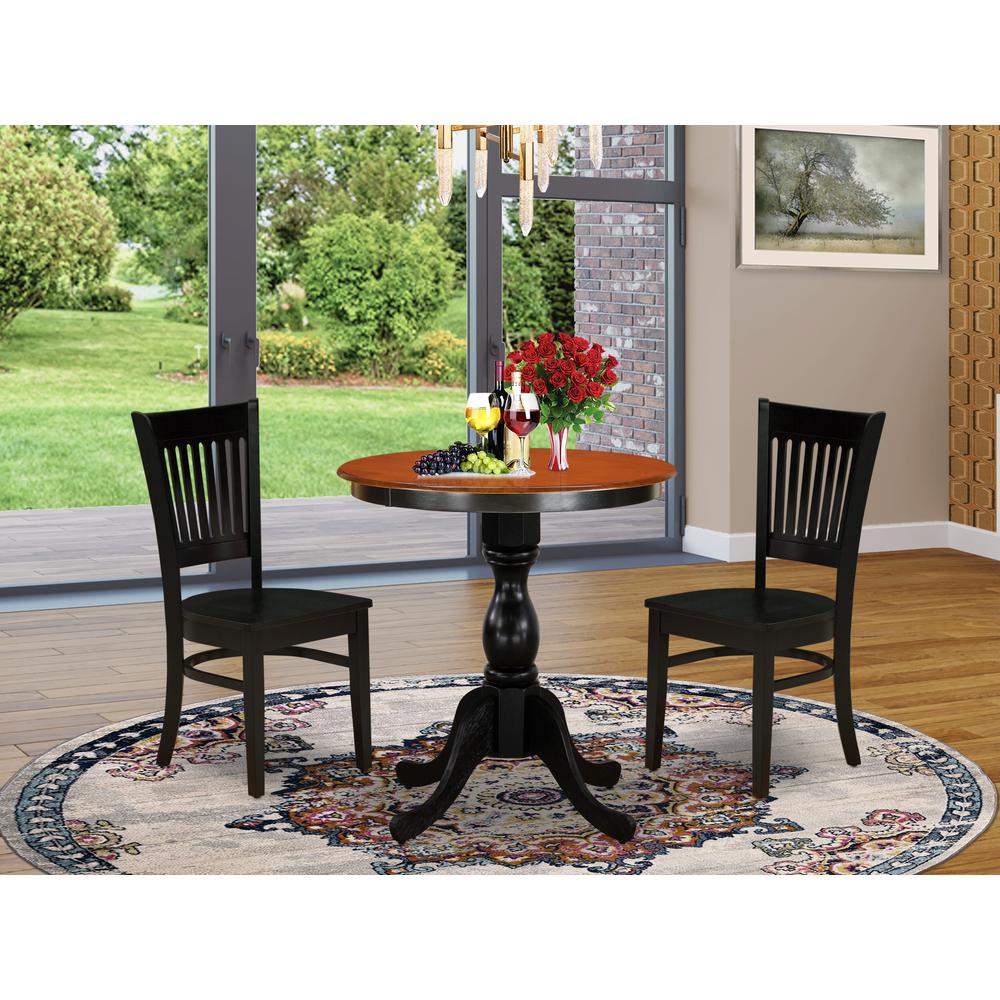 East West Furniture 3-Piece Dinette Set Contains a Kitchen Table and 2 Dining Chairs with Slatted Back - Black Finish. Picture 2