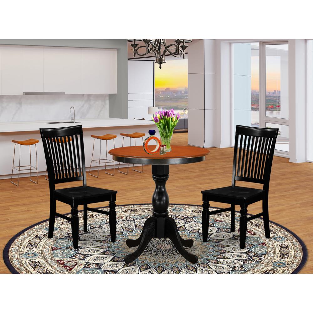 East West Furniture 3-Piece Dining Set Include a Wooden Dining Table and 2 Dining Chairs with Slatted Back - Black Finish. Picture 1