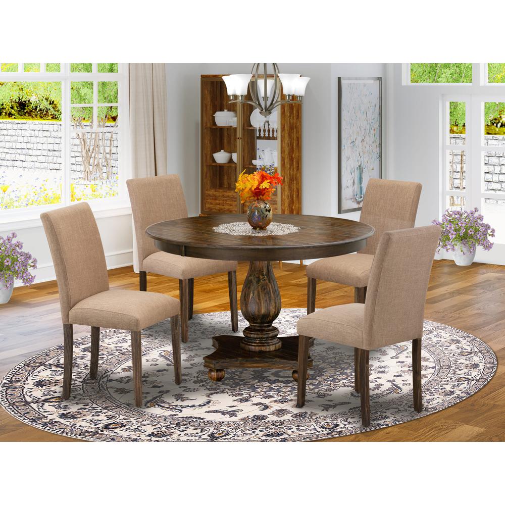 East West Furniture 5 Piece Kitchen Dining Table Set Includes a Dining Table and 4 Light Sable Linen Fabric Dining Chairs with High Back - Distressed Jacobean Finish. Picture 1