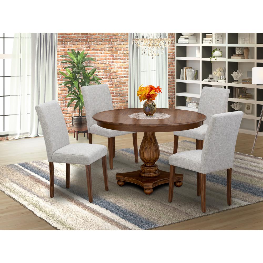 East West Furniture 5-Piece Dinette Set - Pedestal Dinner Table and 4 Doeskin Color Parson Wooden Chairs with High Back - Antique Walnut Finish. Picture 1