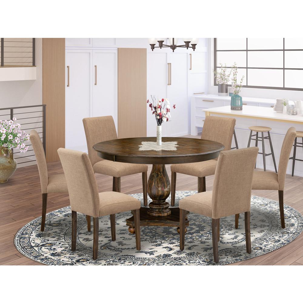 East West Furniture 7 Piece Dining Room Set Contains a Modern Dining Table and 6 Light Sable Linen Fabric Dining Chairs with High Back - Distressed Jacobean Finish. Picture 1