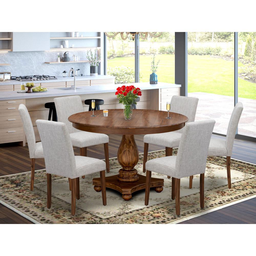 East West Furniture 7-Piece Dinette Set - Kitchen Pedestal Table and 6 Doeskin Color Parson Wood Chairs with High Back - Antique Walnut Finish. Picture 1