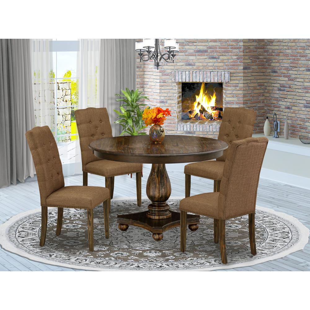 East West Furniture 5 Piece Table Set Consists of a Dining Room Table and 4 Brown Linen Fabric Mid Century Chairs with Button Tufted Back - Distressed Jacobean Finish. Picture 1