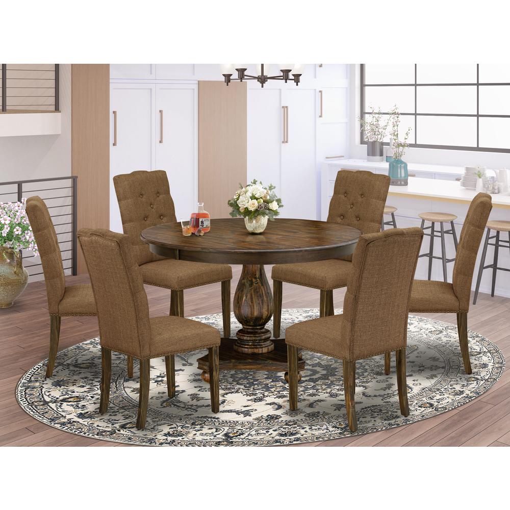 East West Furniture 7 Piece Modern Dining Table Set Consists of a Wooden Table and 6 Brown Linen Fabric Parson Chairs with Button Tufted Back - Distressed Jacobean Finish. Picture 1