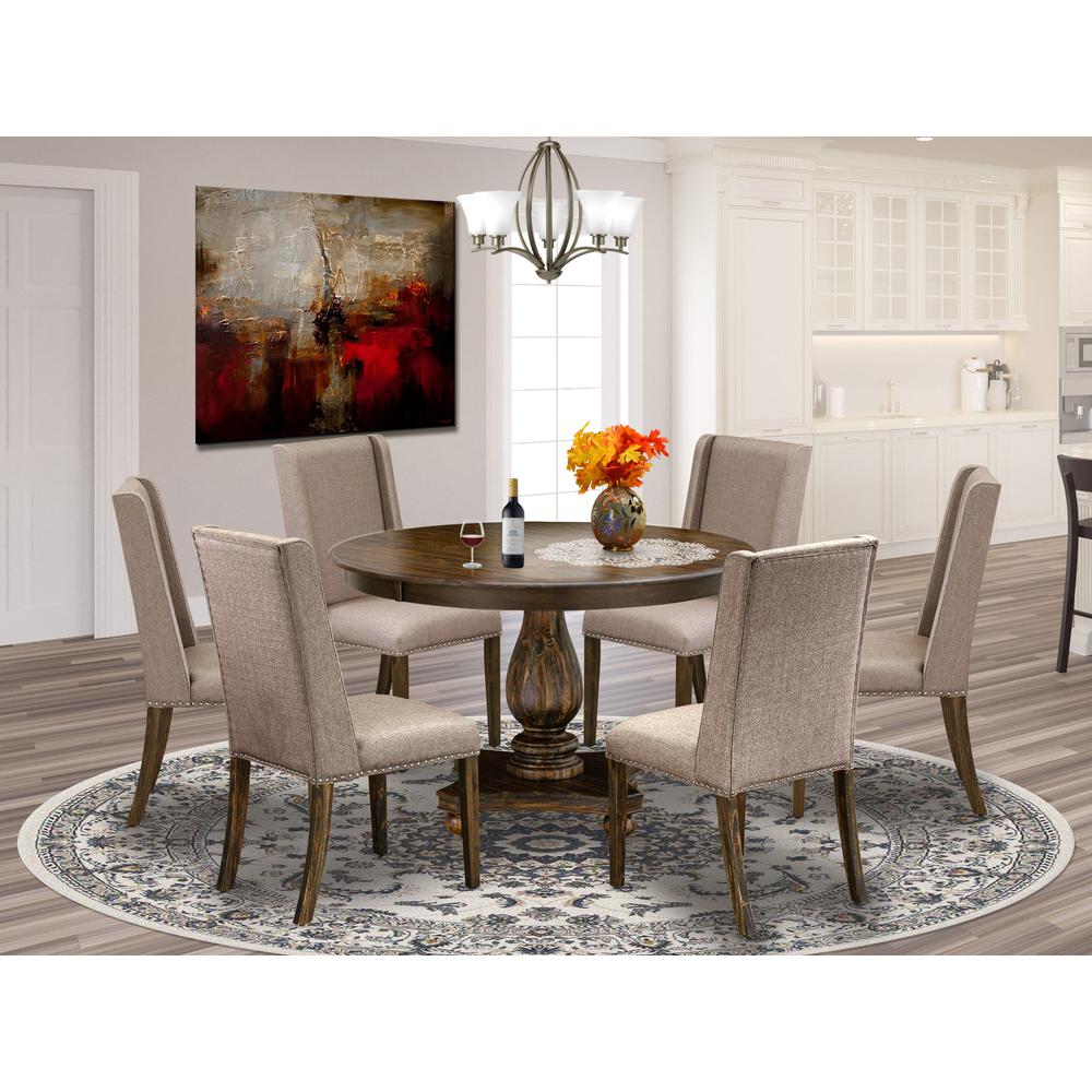 East West Furniture 7 Piece Modern Dining Set Contains a Dining Room Table and 6 Dark Khaki Linen Fabric Parson Chairs with High Back - Distressed Jacobean Finish. Picture 1