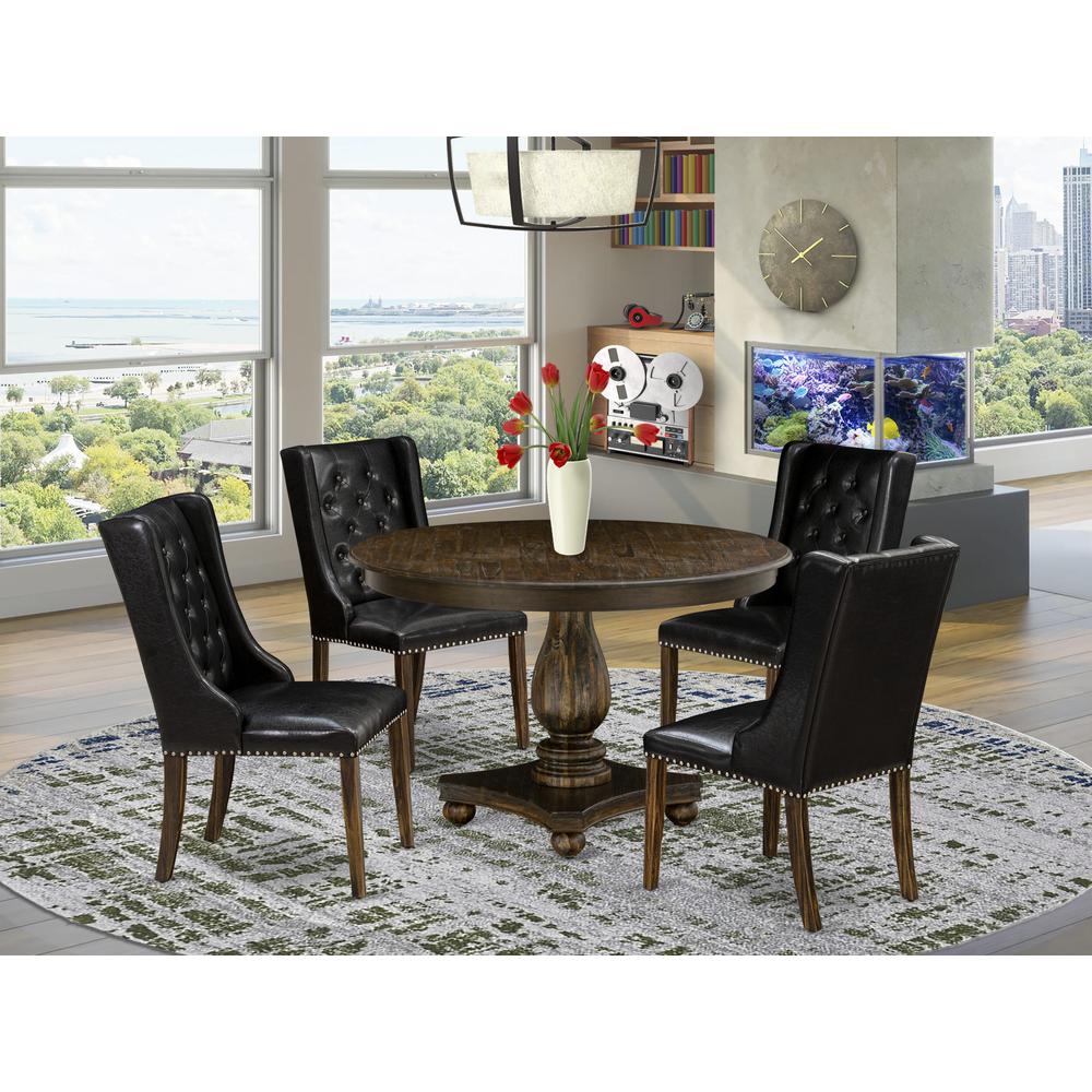 East West Furniture 5 Piece Dining Room Table Set Includes a Modern Dining Table and 4 Black PU Leather Kitchen Chairs with Button Tufted Back - Distressed Jacobean Finish. Picture 1