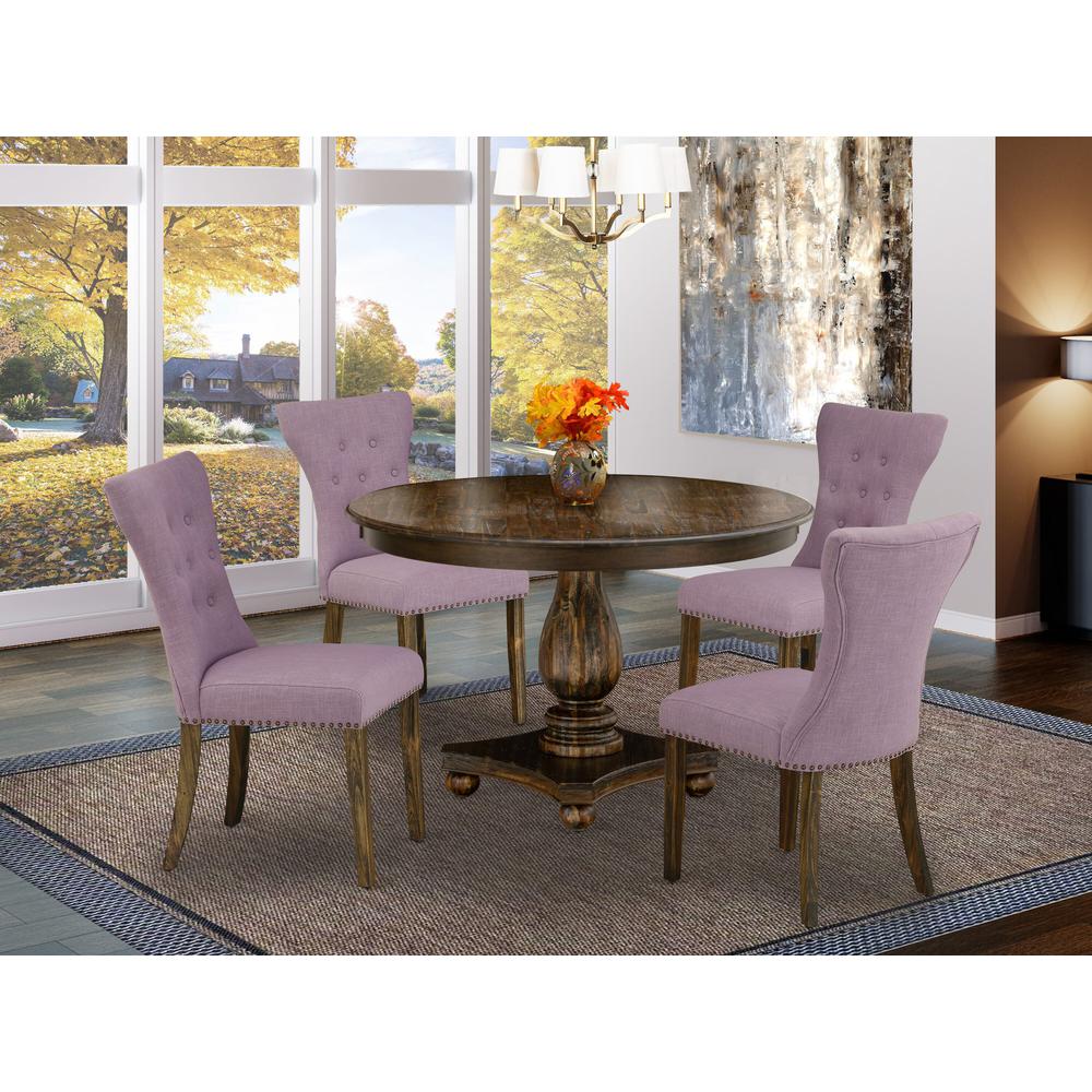 East West Furniture 5 Piece Modern Dining Set Includes a Dining Room Table and 4 Dahlia Linen Fabric Upholstered Chairs with Button Tufted Back - Distressed Jacobean Finish. Picture 2