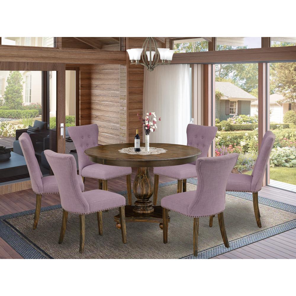 East West Furniture 7 Piece Dining Table Set Consists of a Wood Dining Table and 6 Dahlia Linen Fabric Mid Century Dining Chairs with Button Tufted Back - Distressed Jacobean Finish. Picture 1