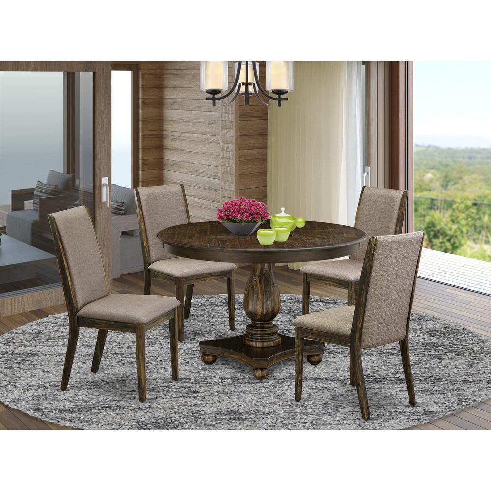 East West Furniture 5 Piece Dining Room Set Includes a Modern Dining Table and 4 Dark Khaki Linen Fabric Mid Century Dining Chairs with High Back - Distressed Jacobean Finish. Picture 1