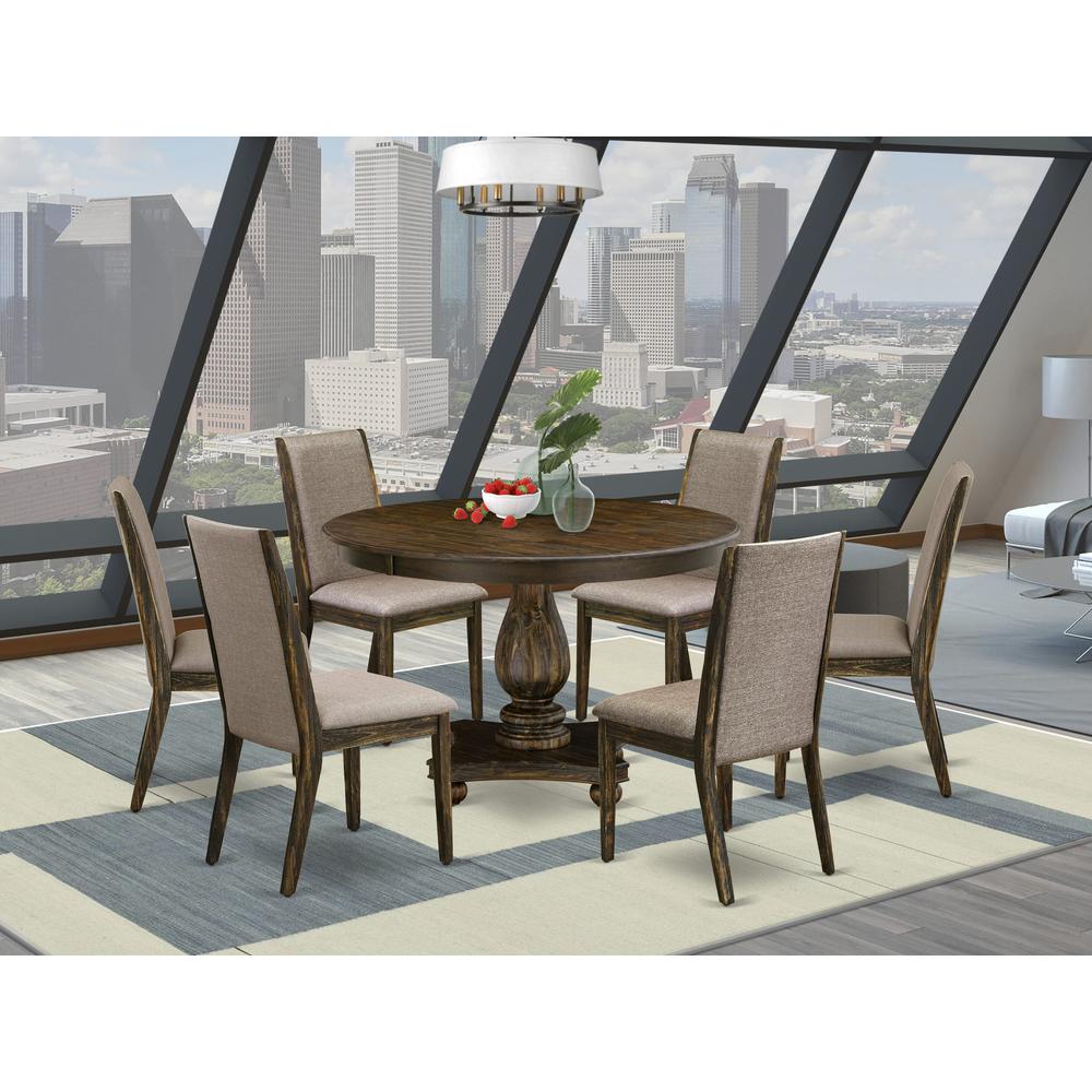 East West Furniture 7 Piece Dining Set Contains a Mid Century Modern Dining Table and 6 Dark Khaki Linen Fabric Dining Room Chairs with High Back - Distressed Jacobean Finish. Picture 1