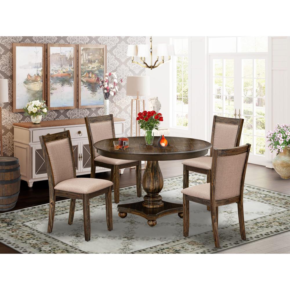 East West Furniture 5 Piece Dinner Table Set Includes a Kitchen Table and 4 Dark Khaki Linen Fabric Upholstered Dining Chairs with High Back - Distressed Jacobean Finish. Picture 1