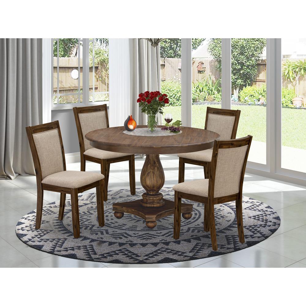 F2MZ5-N04 5-Pc Kitchen Dining Table Set - Pedestal Table and 4 Light Tan Parson Chairs with High Back - Antique Walnut Finish. Picture 1