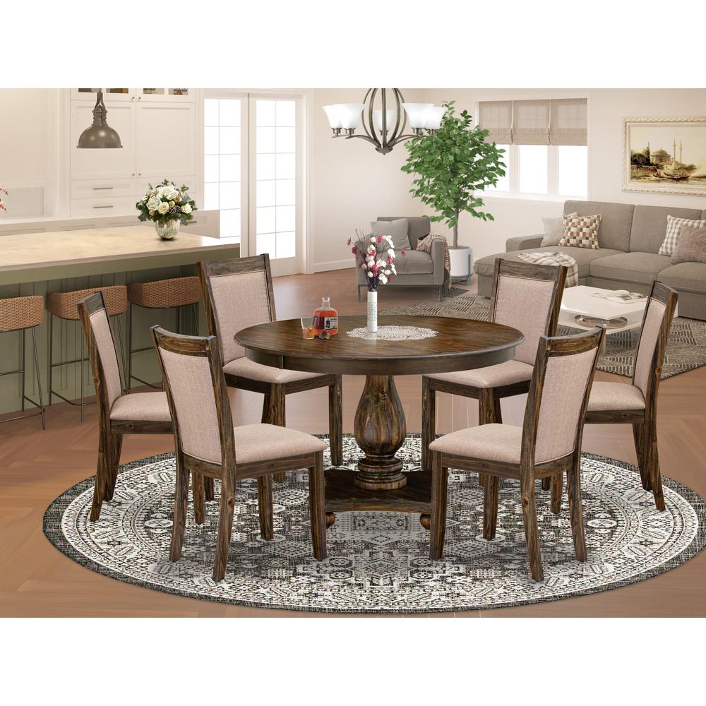 East West Furniture 7 Piece Dinner Table Set Includes a Dining Table and 6 Dark Khaki Linen Fabric Dining Chairs with High Back - Distressed Jacobean Finish. Picture 1