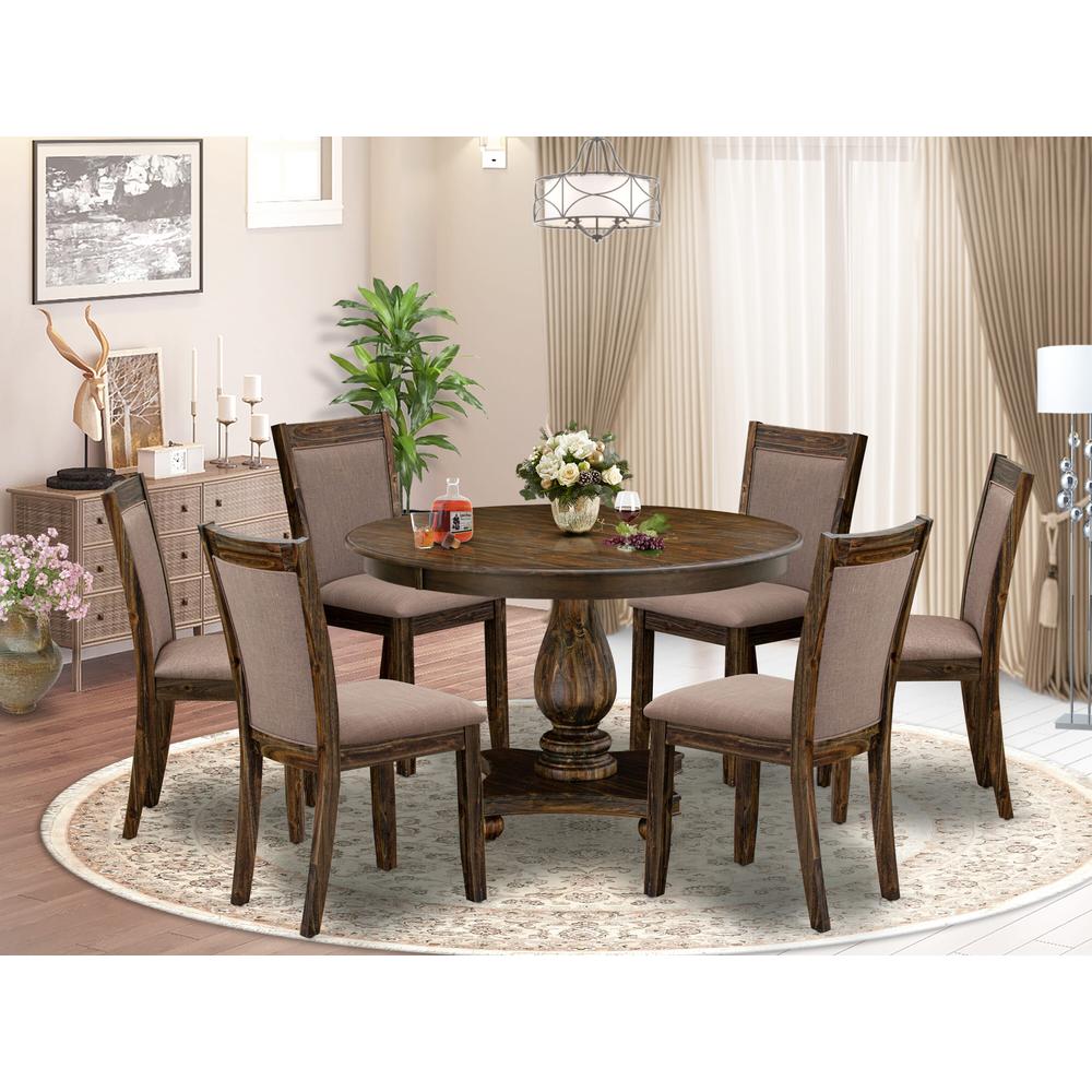 East West Furniture 7-Pc Table Set - Dining Table and 6 Coffee Color Parson Dining Chairs with High Back - Distressed Jacobean Finish. Picture 1