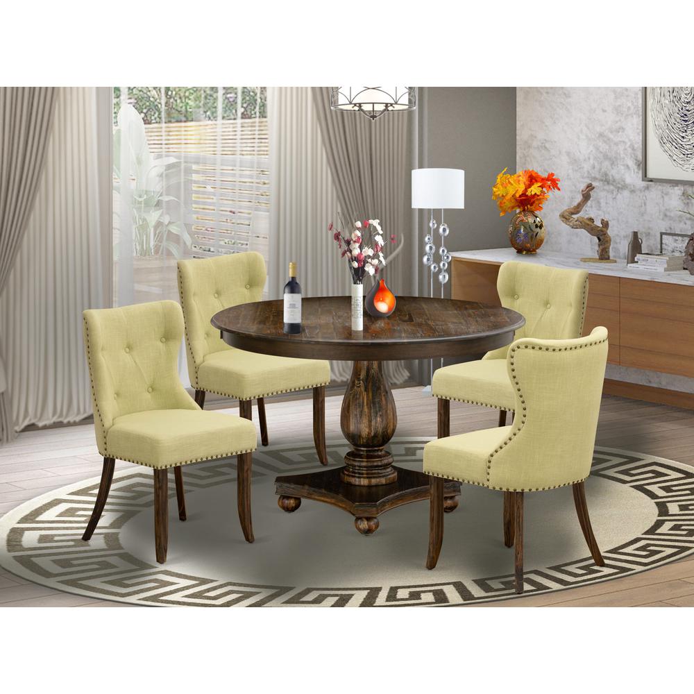 East West Furniture 5-Piece Kitchen Table Set - Pedestal Dining Table and 4 Limelight Color Parson Dining Room Chairs with Button Tufted Back - Distressed Jacobean Finish. Picture 1