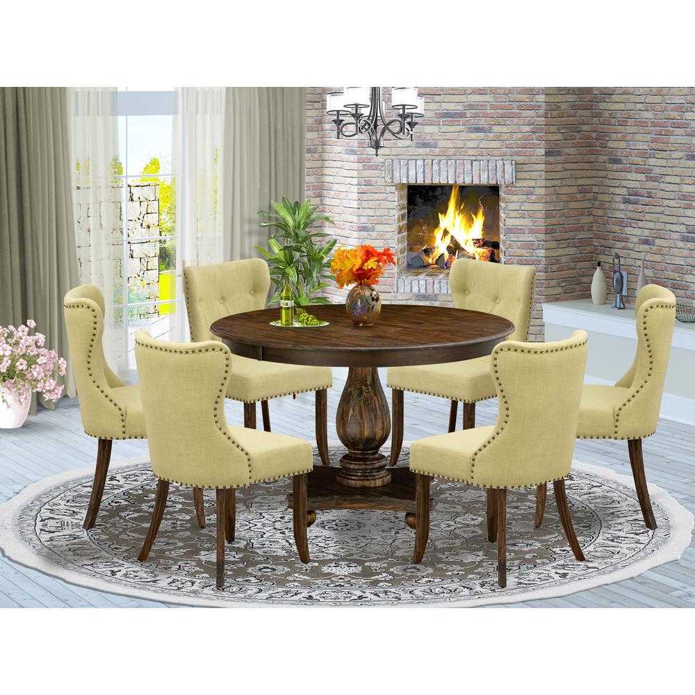 East West Furniture 7-Piece Pedestal Dinette Set - Round Dining Room Table and 6 Limelight Color Parson Wood Dining Chairs with Button Tufted Back - Distressed Jacobean Finish. Picture 1