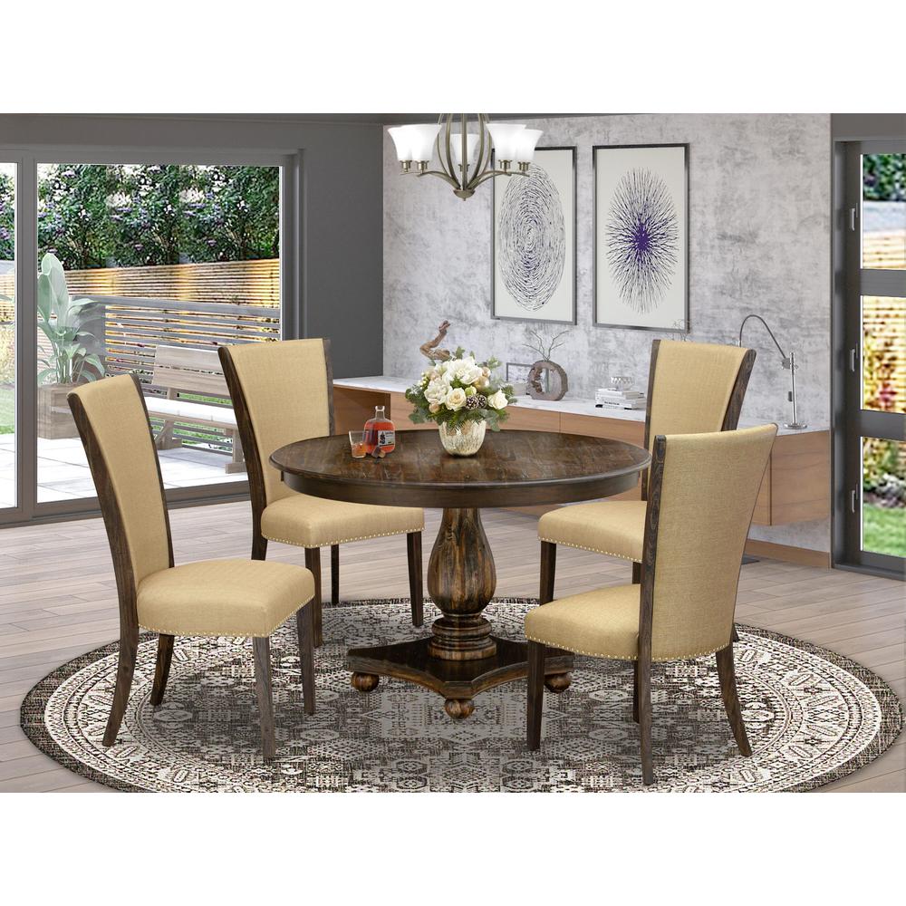 East West Furniture 5-Piece Modern Dining Set - Pedestal Dining Table and 4 Brown Color Parson Dining Chairs with High Back - Distressed Jacobean Finish. Picture 1