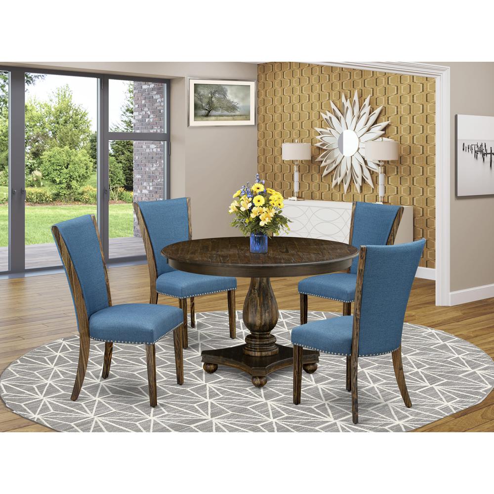 East West Furniture 5-Piece Modern Dining Set - Pedestal Dinning Table and 4 Blue Color Parson Dining Room Chairs with High Back - Distressed Jacobean Finish. Picture 1