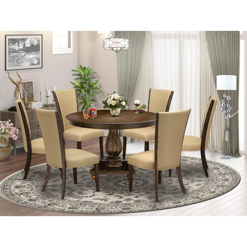 East West Furniture 7-Piece Modern Dining Set - Pedestal Dining Table and 6 Brown Color Parson Padded Chairs with High Back - Distressed Jacobean Finish. Picture 1