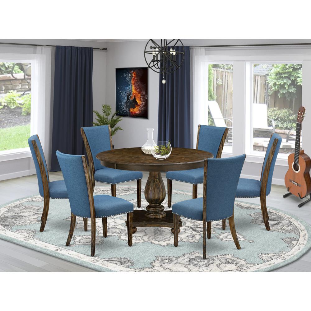 East West Furniture 7-Pc Kitchen Table Set - Pedestal Dining Table and 6 Blue Color Parson Kitchen Chairs with High Back - Distressed Jacobean Finish. Picture 1