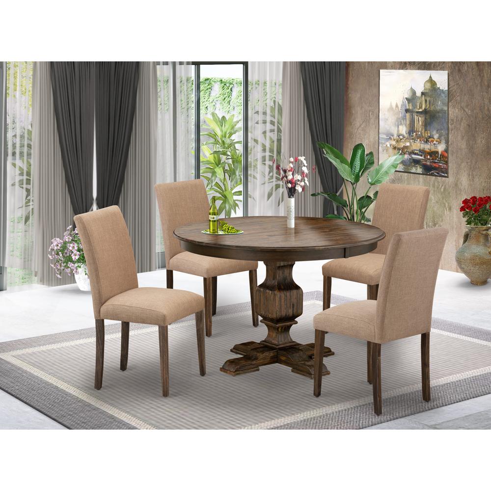 East West Furniture 5 Piece Dining Set Consists of a Mid Century Dining Table and 4 Light Sable Linen Fabric Upholstered Chairs with High Back - Distressed Jacobean Finish. Picture 1