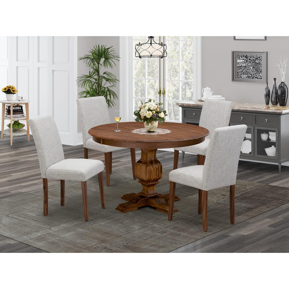 East West Furniture 5-Pc Kitchen Dining Table Set - Modern Kitchen Pedestal Table and 4 Doeskin Color Parson Chairs with High Back - Antique Walnut Finish. Picture 1
