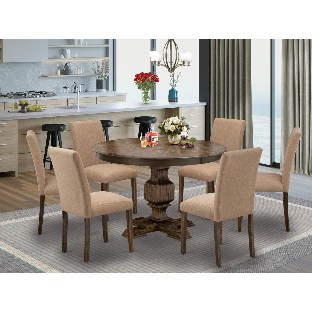 East West Furniture 7 Piece Dining Room Table Set Contains a Wooden Dining Table and 6 Light Sable Linen Fabric Kitchen Chairs with High Back - Distressed Jacobean Finish. Picture 1