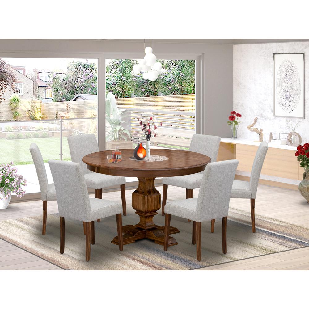 East West Furniture 7-Pc Kitchen Table Set - Pedestal Dining Table and 6 Doeskin Color Parson Padded Chairs with High Back - Antique Walnut Finish. Picture 1