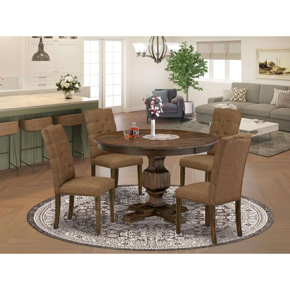 East West Furniture 5 Piece Dining Set Contains a Modern Dining Table and 4 Brown Linen Fabric Dining Chairs with Button Tufted Back - Distressed Jacobean Finish. Picture 1