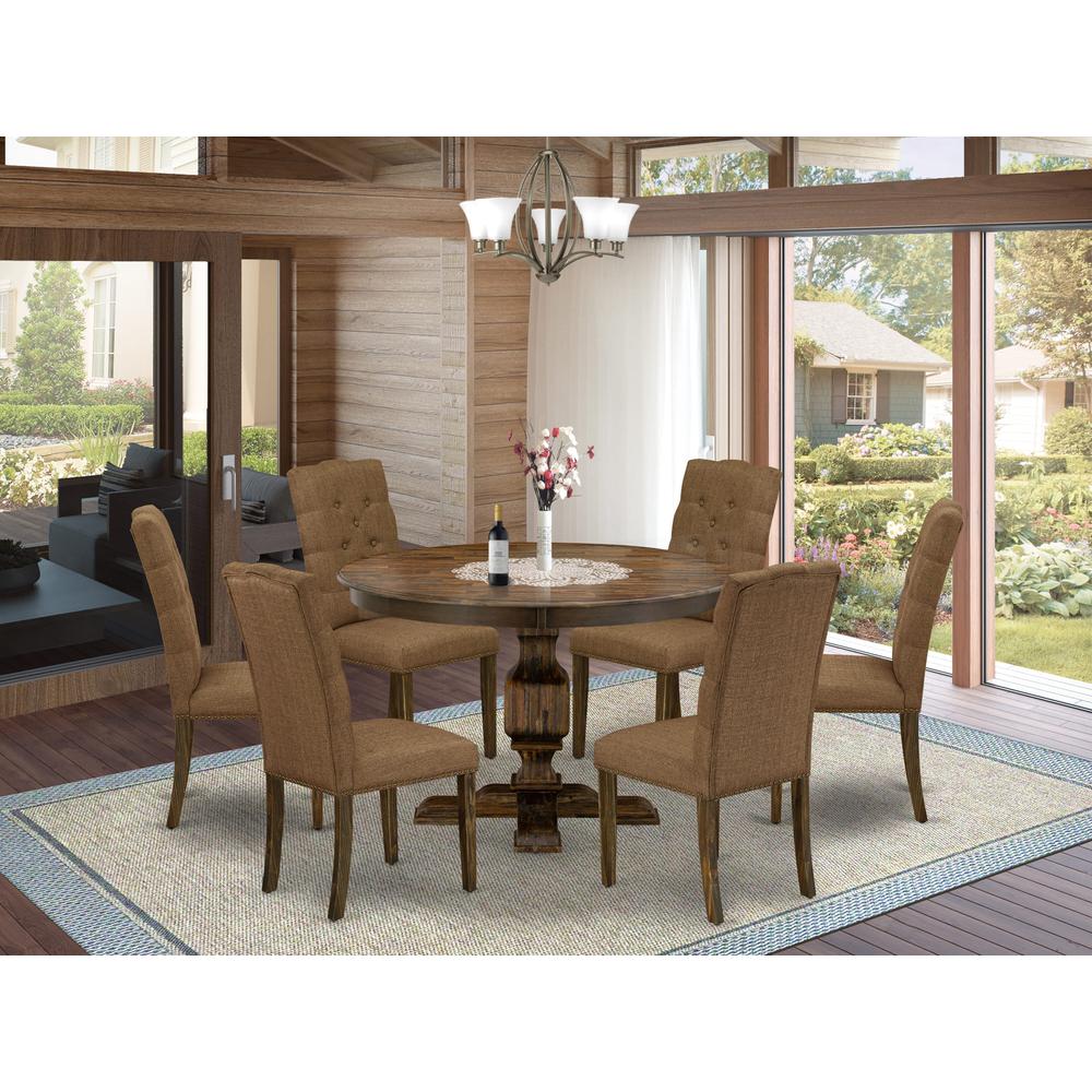 East West Furniture 7 Piece Mid Century Modern Dining Set Includes a Dining Table and 6 Brown Linen Fabric Dining Chairs with Button Tufted Back - Distressed Jacobean Finish. Picture 1