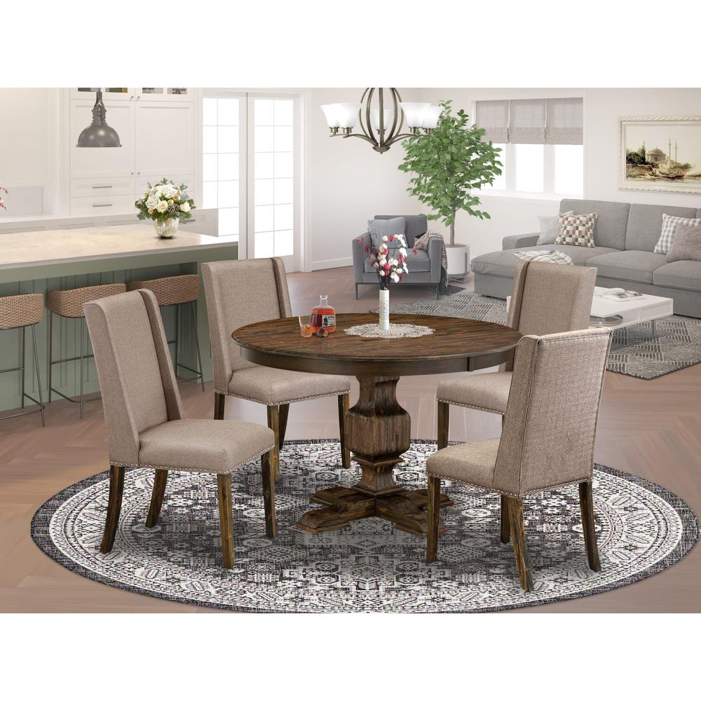 East West Furniture 5 Piece Dining Set Contains a Modern Dining Table and 4 Dark Khaki Linen Fabric Modern Dining Chairs with High Back - Distressed Jacobean Finish. Picture 1