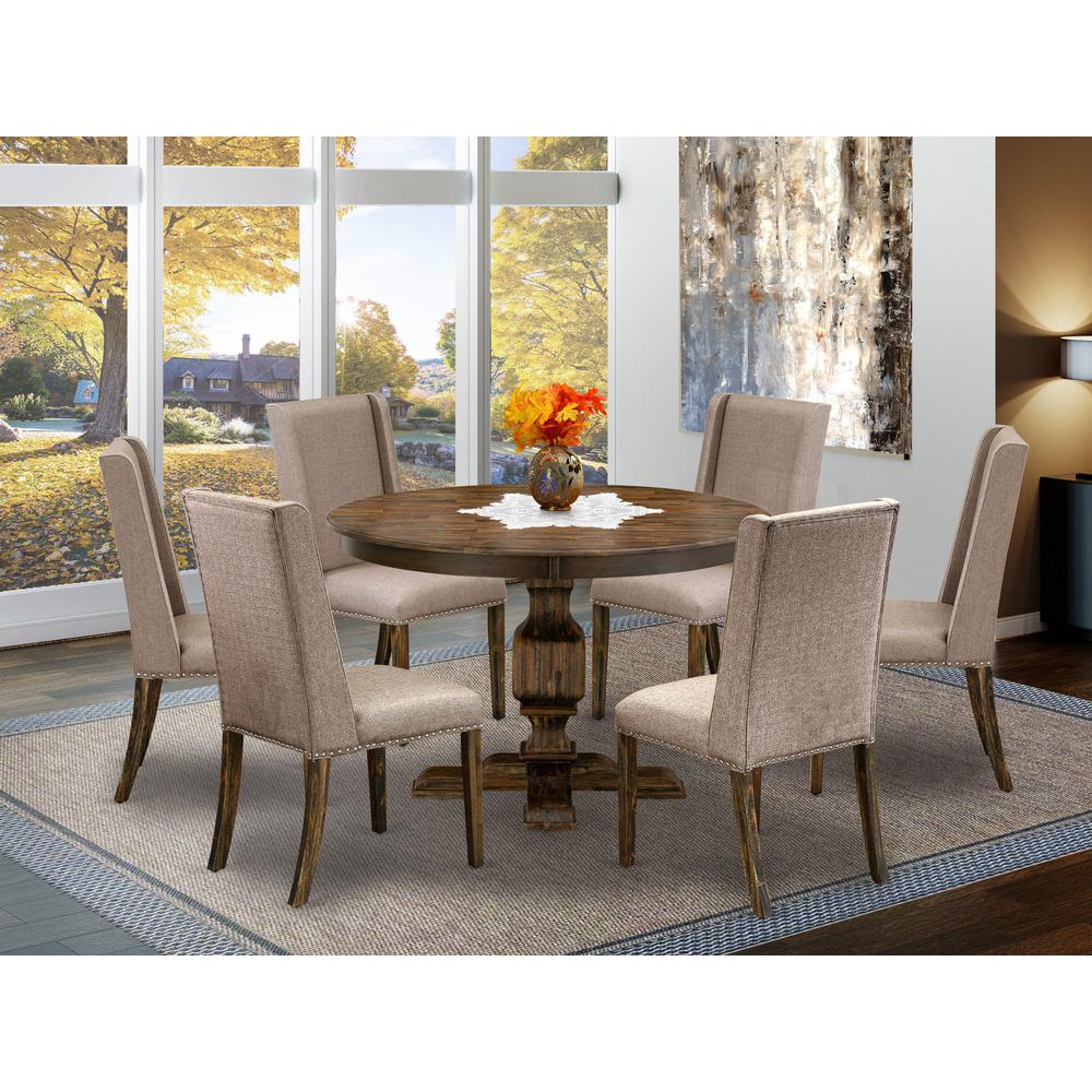 East West Furniture 7 Piece Dining Table Set Contains a Wooden Dining Table and 6 Dark Khaki Linen Fabric Dining Room Chairs with High Back - Distressed Jacobean Finish. Picture 1
