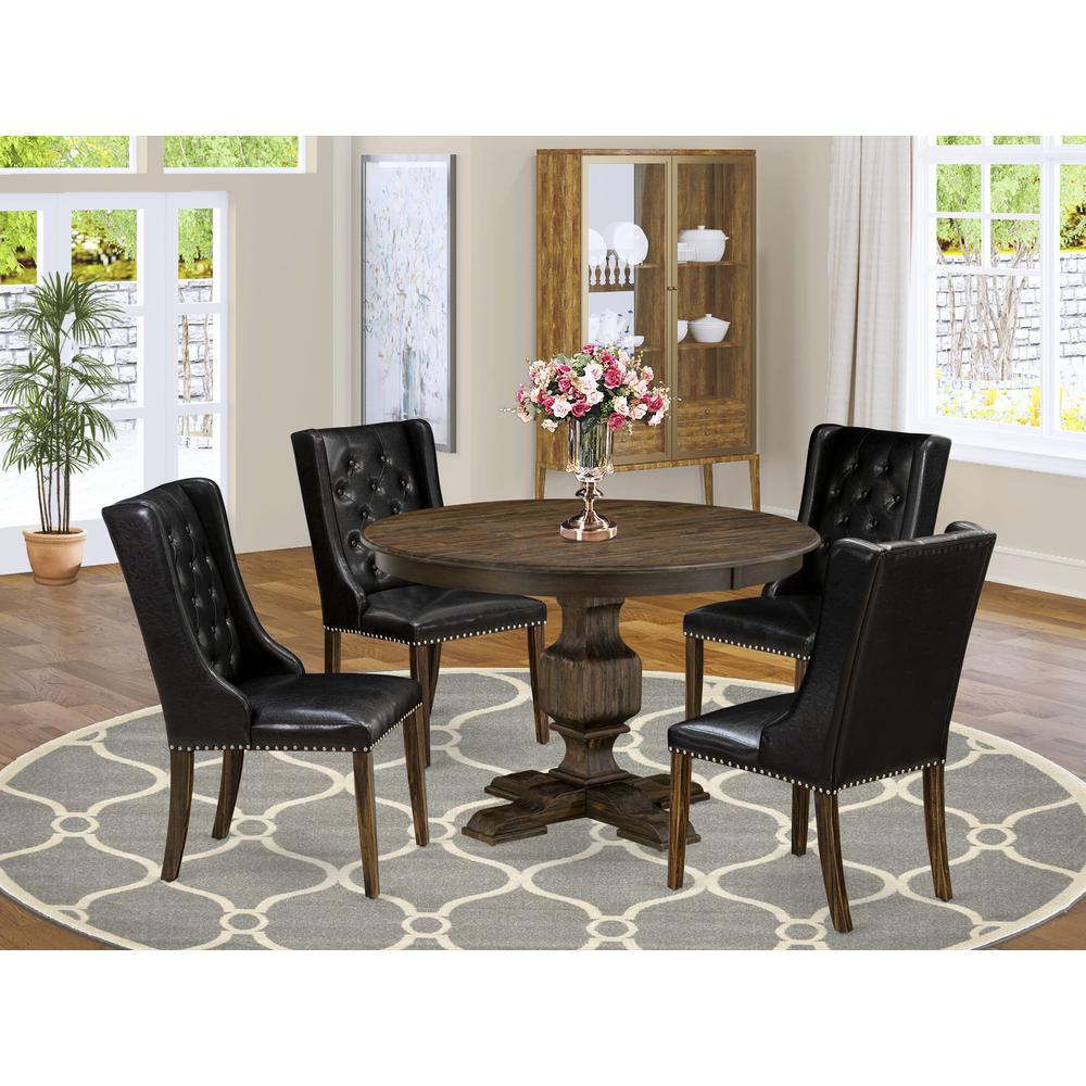 East West Furniture 5 Piece Dinner Table Set Consists of a Wooden Dining Table and 4 Black PU Leather Mid Century Dining Chairs with Button Tufted Back - Distressed Jacobean Finish. Picture 1