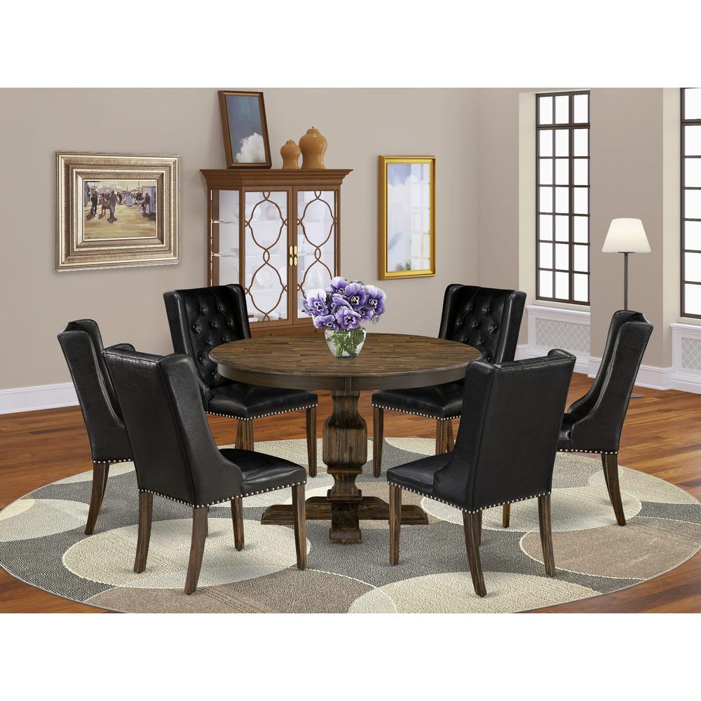 East West Furniture 7 Piece Kitchen Dining Table Set Consists of a Dinner Table and 6 Black PU Leather Dining Room Chairs with Button Tufted Back - Distressed Jacobean Finish. Picture 1