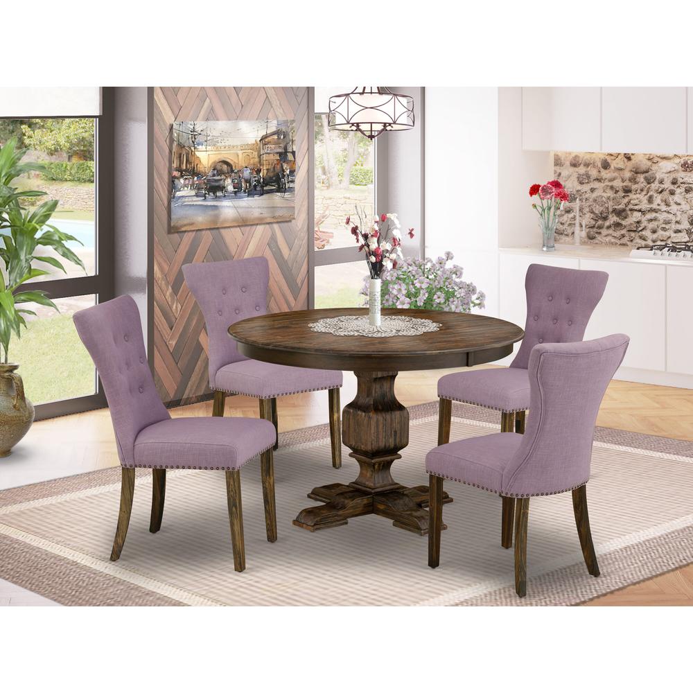 East West Furniture 5 Piece Dining Room Table Set Contains a Dinner Table and 4 Dahlia Linen Fabric Upholstered Chairs with Button Tufted Back - Distressed Jacobean Finish. Picture 1